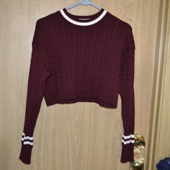 Altard State Burgundy Soft Cable Knit Cropped Preppy Sweater with White Stripes - Picture 1 of 8